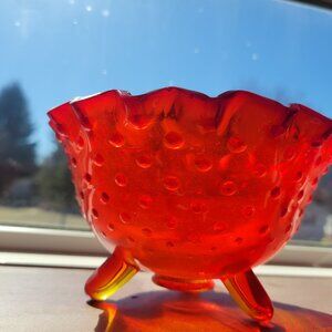 Vintage Fenton Red Glass Hobnail Footed Bowl With Ruffled Edge